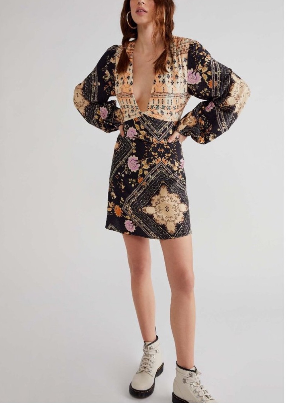 Free People descanso mini dress boho Black Cream Floral mix print cotton blend